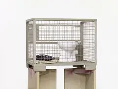 Stephan Kaluza, Neuhaus, Metallkäfig, Stand-WC, Tischtennisbälle, Kissen, Holz