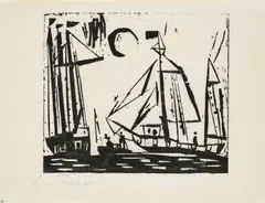 Segelboote (mit Mond) by Lyonel Feininger, 1919, Holzschnitt auf dünnem Japan, sold Mar 2025