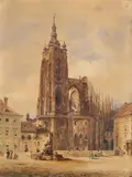 Friedrich Eibner, Der Hradschin in Prag mit Georgstatue und dem Veitsdom, Aquarell auf Papier