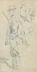Hugo Mühlig, Studien zu einem Jäger, Bleistiftzeichnung auf Papier