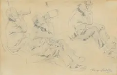 Hugo Mühlig, Studien zu einem trinkenden Landmann, Bleistiftzeichnung auf Papier