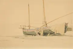 Eugen Dücker, Aufliegende Fischerboote auf Capri, Aquarellierte Federzeichnung auf Papier