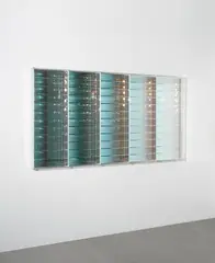Hohlspiegelobjekt by Adolf Luther, 1988, 60 konkave, halbtransparente Spiegelstreifen vor Spiegelwand, auf Holz montiert. In Plexiglaskastenrahmen, sold Jun 2025