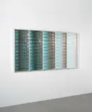 Hohlspiegelobjekt by Adolf Luther, 1988, 60 konkave, halbtransparente Spiegelstreifen vor Spiegelwand, auf Holz montiert. In Plexiglaskastenrahmen, sold Jun 2025