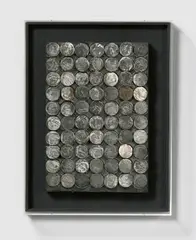 Lichtblende by Adolf Luther, 1961, 70 runde, polierte Eisenscheiben in Kreide, Öl und Pigment. In Plexiglasrahmen, sold Jun 2025