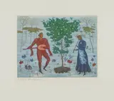 Arik Brauer, "Das Leben ist stärker", 1993, Farbradierung auf Hahnemühle (Wasserzeichen)