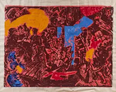 Jörg Immendorff, Café Deutschland gut, 1983, Farblinolschnitt, übermalt auf leichtem Karton