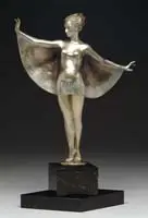Lorenzl, Figural Bronze, Silvered bronze of an Art Deco maiden with outstretched arms and flowing cape