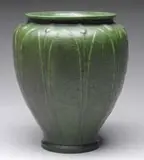 Grueby, Bulbous Green Matte Bulbous Vase with Tooled Leaf and Bud Design