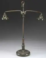 Double Student Lamp Base by Tiffany Studios, The base would support two art glass shades with 3-1/4″ fitters, offered Jun 2012