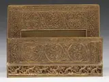 Tiffany Studios, Venetian Letter Rack, Antique brass finish highlights band of ermine and multiple medallions