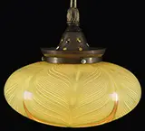 Quezal, Globe Hanger and Three Quezal Shades, Globe hangs from a brass fixture with acanthus leaf decoration