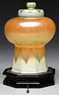 Mosque Lamp by Tiffany Studios, Shade rests on its original wooden base with impressed bronze trim, offered Nov 2013