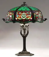 Duffner & Kimberly, Viking Table Lamp, The intricate panels begins with green, shell shaped geometric glass