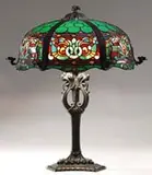 Duffner & Kimberly, Viking Table Lamp, The intricate panels begins with green, shell shaped geometric glass
