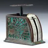 Pine Needle Postage Stamp by Tiffany Studios, Etched metal patina finish pine needle decoration over green striated glass, offered Jun 2007