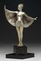 Lorenzl, Figural Bronze, Silvered bronze of an Art Deco maiden with outstretched arms and flowing cape