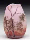 Daum, Cameo & Enamel Miniature Vase, Birch tree scenic, finely detailed and painted on pink-mauve striated ground
