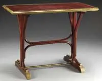 Hoffman Bentwood Stone Top Serving Table by Thonet, Trestle base capped with shaped brass plates, offered Aug 2012