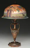 Reverse Painted Boudoir Lamp by Pairpoint, Shade rests on a Pairpoint urn shaped base with copper finish, offered Jun 2014