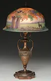 Pairpoint, Reverse Painted Boudoir Lamp, Shade rests on a Pairpoint urn shaped base with copper finish