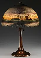 Reverse Painted Table Lamp by Handel, Shade rests atop a Handel copper tone base with two-light cluster, sold Jun 2014