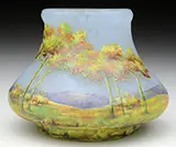Daum, Fall Scene Vase, The trees frame enameled blue mountains in the distance