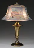 Pairpoint, Four Seasons Table Lamp, Shade rests on an original Pairpoint base with brass finish