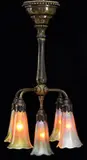 Tiffany Studios, Lily Chandelier, Fixture supports five gold favrile glass lily shades