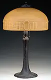 Table Lamp by Handel, The lamp with cracked ice case glass and #5635 and stamped “L, sold Feb 2015