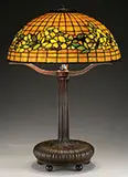 Banded Dogwood Table Lamp by Tiffany Studios, Glass appears creamy yellow when unlit and bright fiery orange when lit, offered Jun 2016