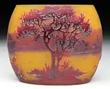 Daum, Cameo Glass Pillow Vase, Tree stands alongside pond with enameled tree silhouettes along distant shore