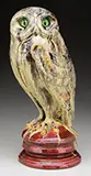 Galle, Faience Owl, Galle Faience owl rests on a red glazed pedestal base