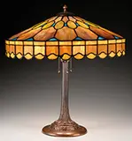 Leaded Glass Table Lamp by Duffner & Kimberly, All set against a background of amber, brown and pink slag glass, offered Nov 2016