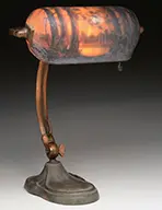 Reverse Painted Desk Lamp by Handel, Moonlit sunset shade with textured glass, numbered “4572”, sold Aug 2015