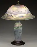 Pairpoint, Reverse Painted Sea Gull Table Lamp, Shade rests on a matching obverse painted Pairpoint glass base