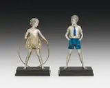 Ferdinand Preiss, Hoop Girl" and "Sonny Boy, bronze, cold-painted; marble base; signed on the reverse of the base: "F. Preiss"