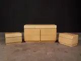 Aldo Tura, CHEST OF DRAWERS SET, Set of drawers and pair of matching side tables in ivory cream lacquered parchment goatskin