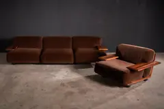 Mario Bellini, 'PIANURA' MODULAR SOFA SET FOR CASSINA, Solid walnut timber frame and velvet upholstery. Three seat sofa and armchair
