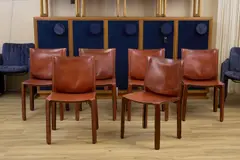 Mario Bellini, SET OF SIX 'CAB 412' DINING CHAIRS FOR CASSINA, Tan saddle leather over a steel and plastic frame with a zipper system