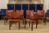 Mario Bellini, SET OF SIX 'CAB 412' DINING CHAIRS FOR CASSINA, Tan saddle leather over a steel and plastic frame with a zipper system