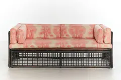 Afra & Tobia Scarpa, 'BASILIAN 1' SOFA FOR B&B MAXALTO, Dark stained bamboo and rattan panelled frame with newly reupholstered pillows in a vintage Ralph Lauren fabric