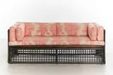 Afra & Tobia Scarpa, 'BASILIAN 1' SOFA FOR B&B MAXALTO, Dark stained bamboo and rattan panelled frame with newly reupholstered pillows in a vintage Ralph Lauren fabric