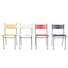 Clement Meadmore, HARLEQUIN SET OF FOUR CORDED CHAIRS, Black coated wrought iron frames with rubber ball feature to rod ends and newly corded seats