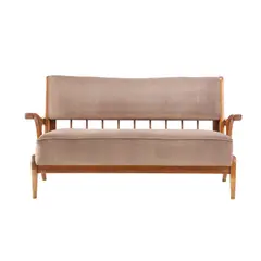 Schulim Krimper, TWO SEAT SOFA, Fawn grey textile upholstered seat and backrest with carved blackwood frame