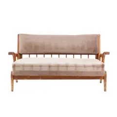 Schulim Krimper, TWO SEAT SOFA, Fawn grey textile upholstered seat and backrest with carved blackwood frame