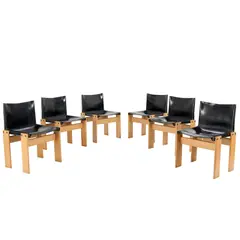 Afra & Tobia Scarpa, SIX 'MONK' DINING CHAIRS FOR MOLTENI & C, Black saddle hide leather on wooden frames. No manufacturer stickers or tags