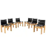 SIX 'MONK' DINING CHAIRS FOR MOLTENI & C by Afra & Tobia Scarpa, Black saddle hide leather on wooden frames. No manufacturer stickers or tags, sold Mar 2026