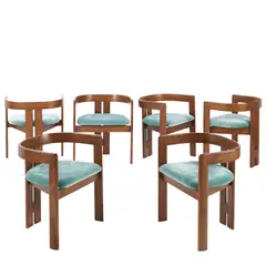 Tobia Scarpa, SIX 'PIGRECO' DINING CHAIRS FOR GAVINA, Dark stained curved beech frames with reupholstered teal textile seats. No manufacturer details