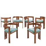 Tobia Scarpa, SIX 'PIGRECO' DINING CHAIRS FOR GAVINA, Dark stained curved beech frames with reupholstered teal textile seats. No manufacturer details